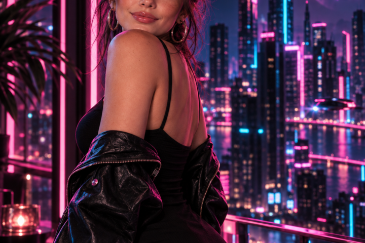 Tina posing on a neon-lit rooftop balcony in a black dress and leather jacket with a futuristic pink and blue city skyline behind her.